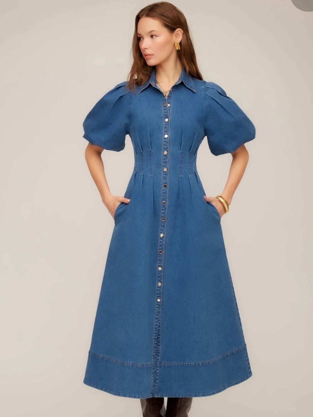 NEW HOUSE OF HARLOW PUFFER AND PLEATED WAIST SLEEVES DENIM DRESS SIZE 6 - Picture 2 of 12